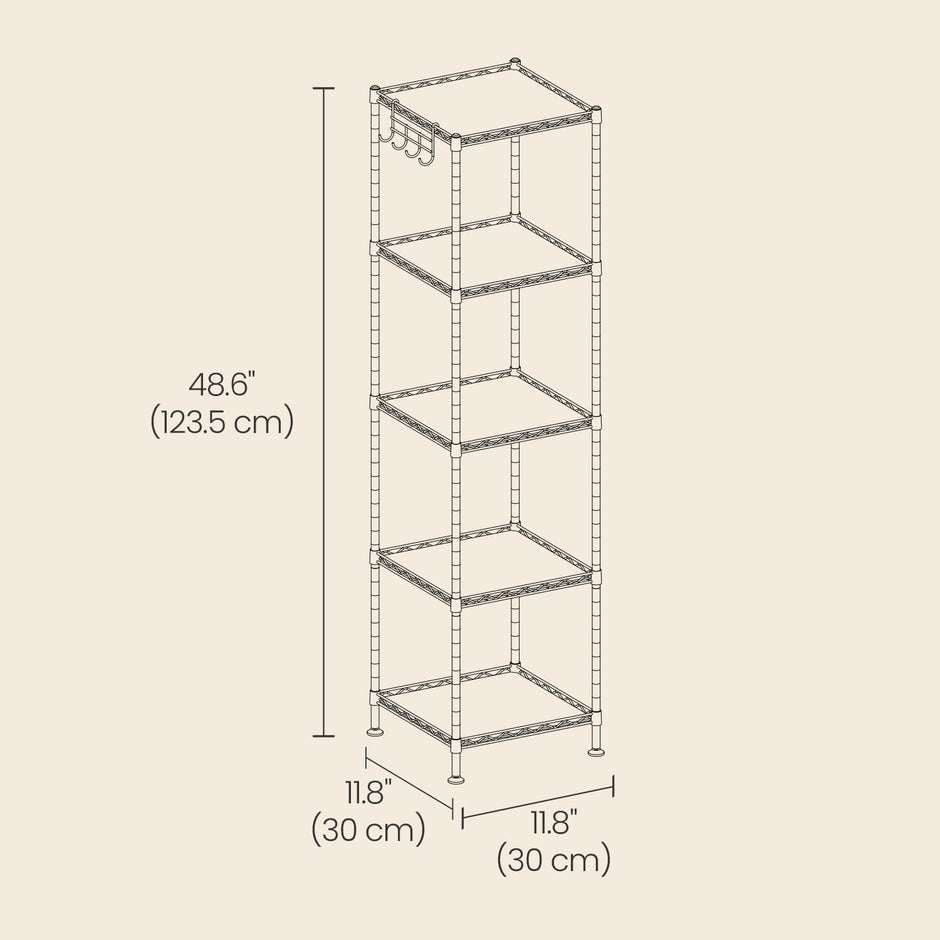 Metal Bathroom Shelf – Black – 5-Tier with Removable Hooks and Expandable Design