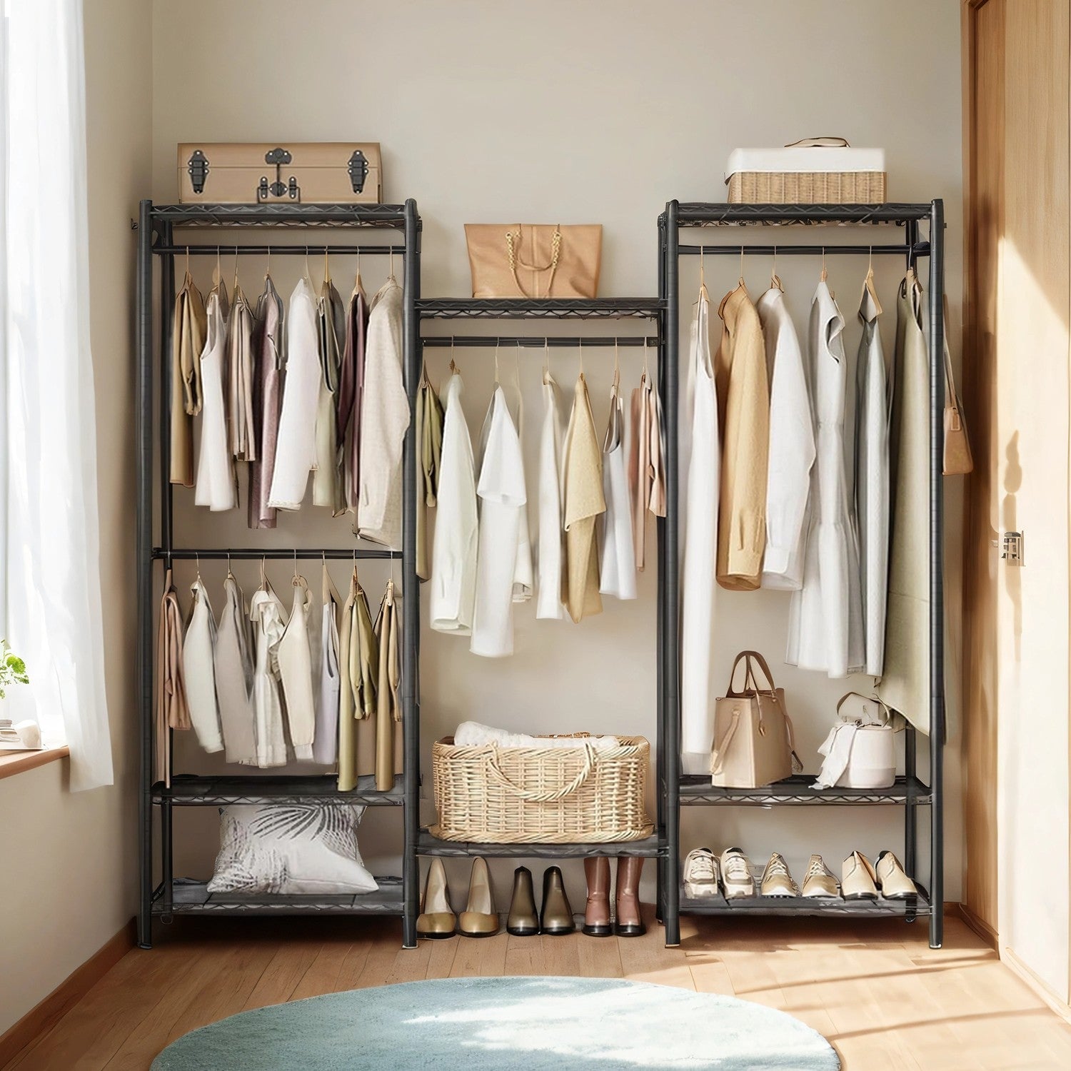 Portable Open Wardrobe – Heavy-Duty Metal – Black – Adjustable Shelves and Hanging Rails