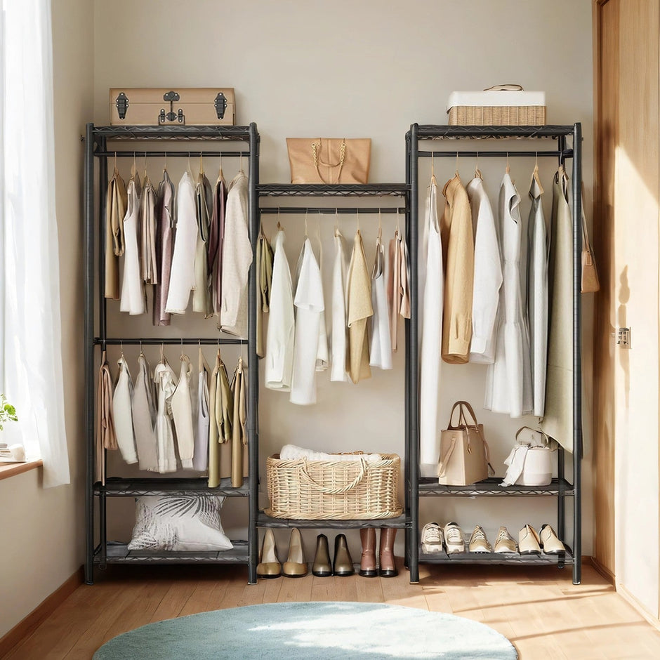 Portable Open Wardrobe – Heavy-Duty Metal – Black – Adjustable Shelves and Hanging Rails