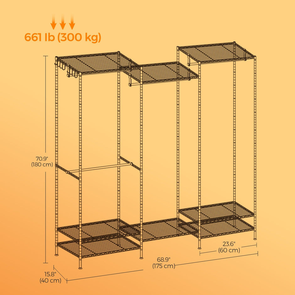 Portable Open Wardrobe – Heavy-Duty Metal – Black – Adjustable Shelves and Hanging Rails