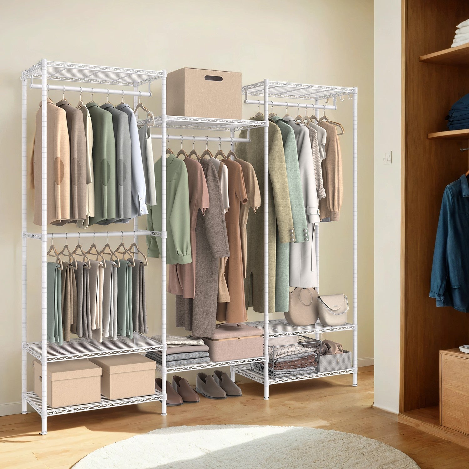 Portable Wardrobe – Heavy-Duty Metal – White – Adjustable Shelves and Hanging Rails