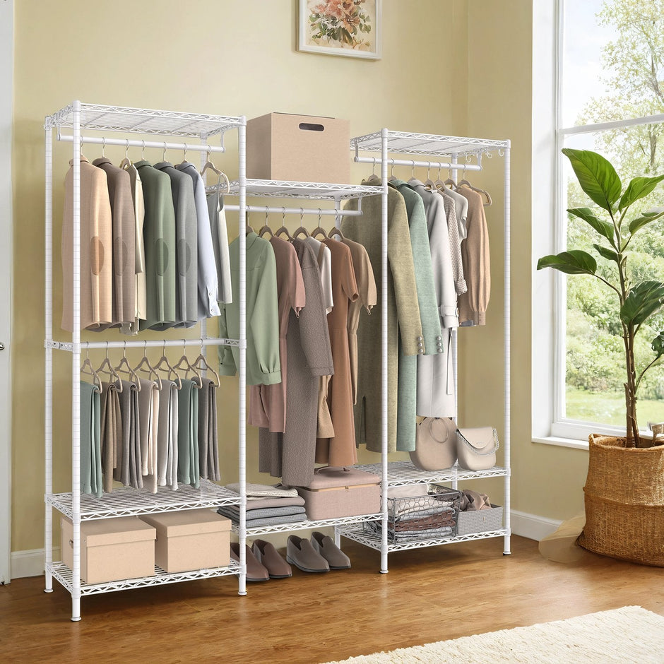 Portable Wardrobe – Heavy-Duty Metal – White – Adjustable Shelves and Hanging Rails