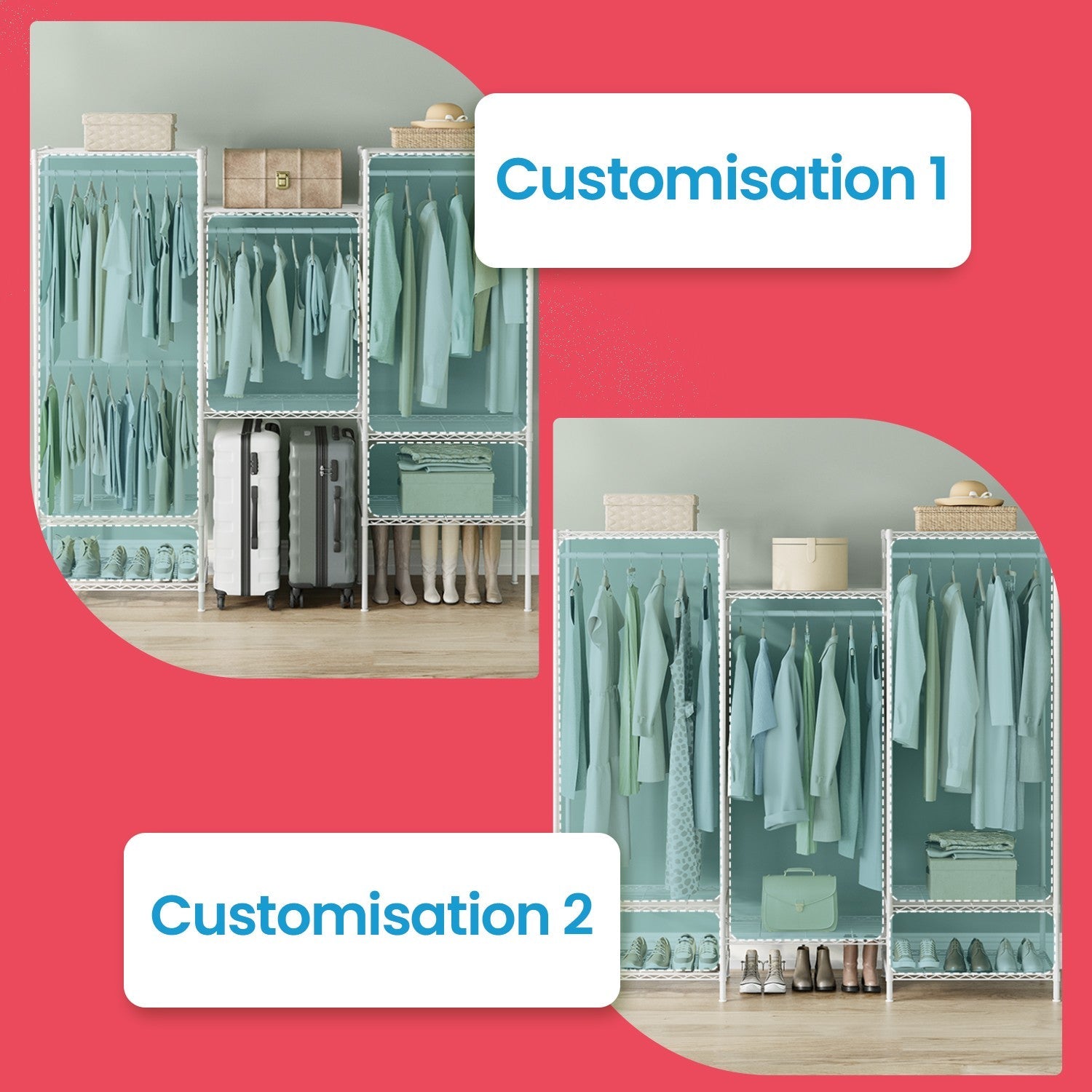 Portable Wardrobe – Heavy-Duty Metal – White – Adjustable Shelves and Hanging Rails