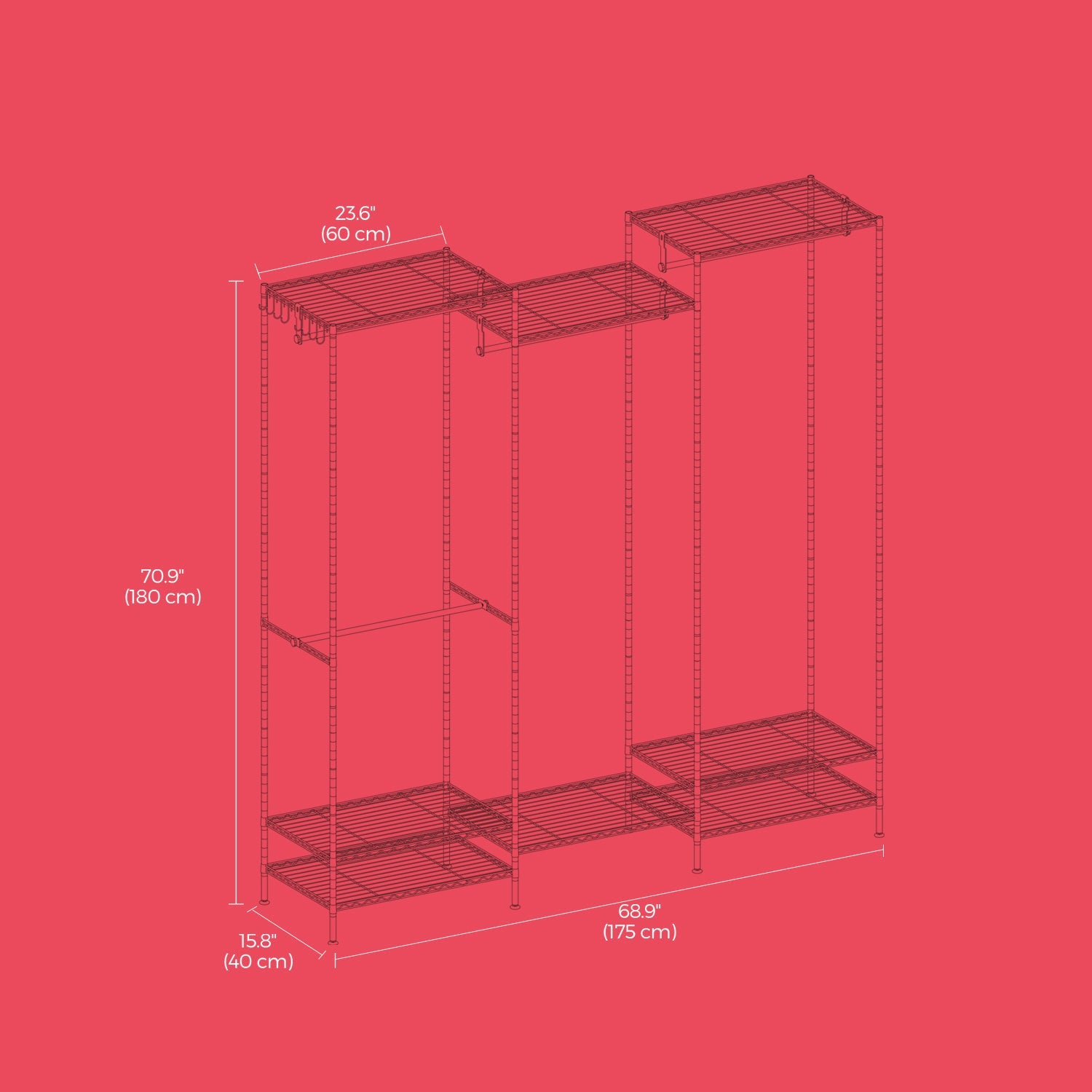 Portable Wardrobe – Heavy-Duty Metal – White – Adjustable Shelves and Hanging Rails