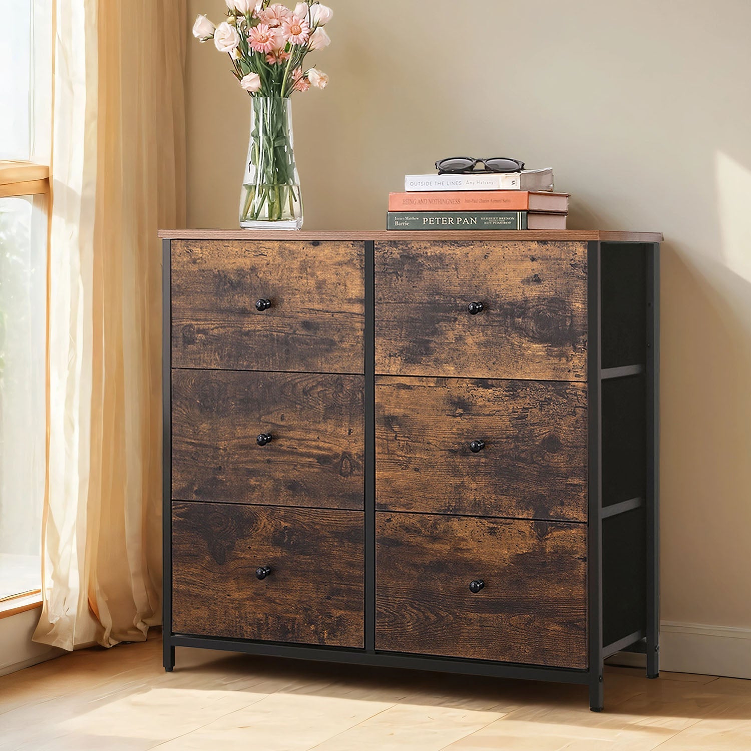 Dresser – Metal Frame and Fabric – Rustic Brown and Black – 6 Storage Drawers