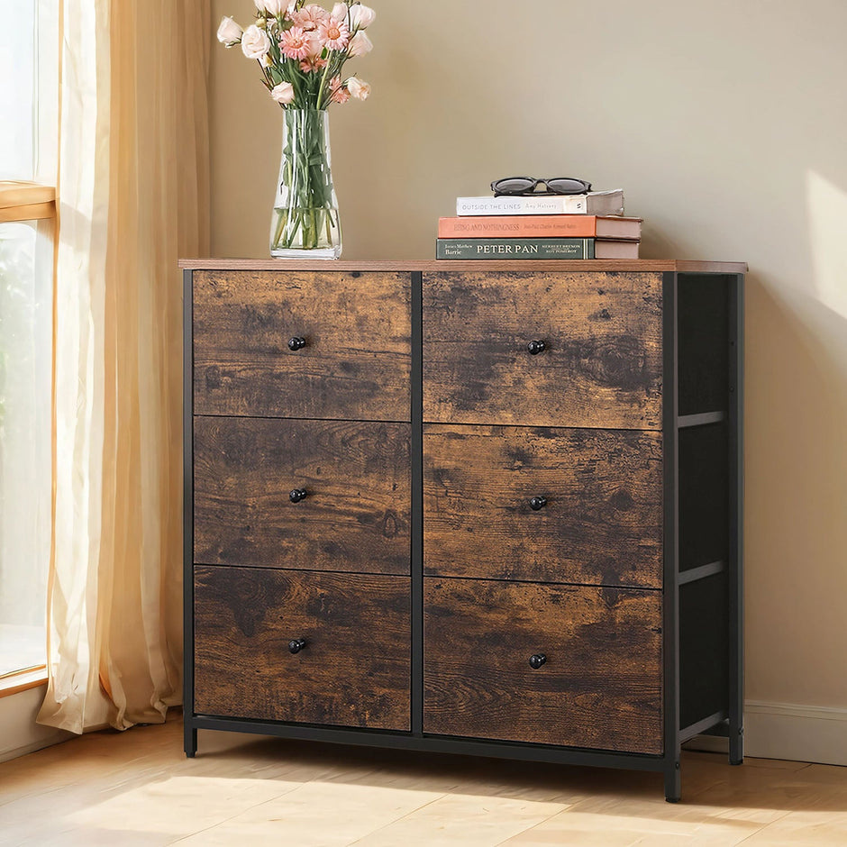 Dresser – Metal Frame and Fabric – Rustic Brown and Black – 6 Storage Drawers