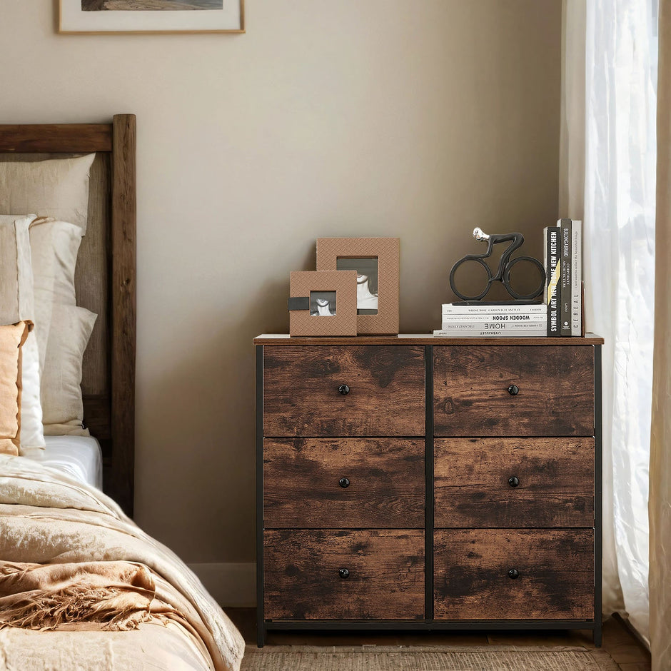 Dresser – Metal Frame and Fabric – Rustic Brown and Black – 6 Storage Drawers