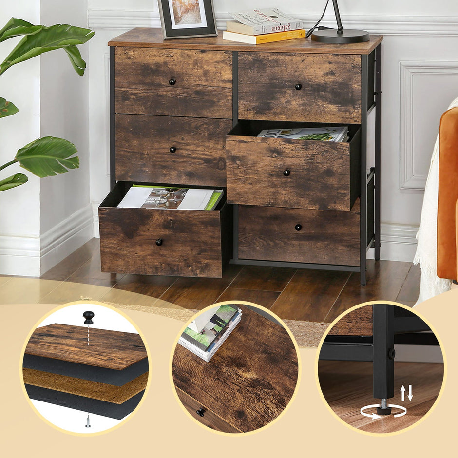 Dresser – Metal Frame and Fabric – Rustic Brown and Black – 6 Storage Drawers