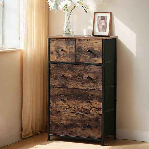 5-Drawer Fabric Dresser – Fabric and Wood – Rustic Brown and Black – Industrial Style Organiser Unit