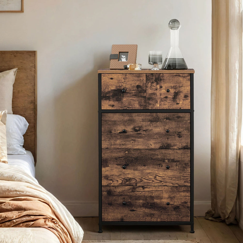 5-Drawer Fabric Dresser – Fabric and Wood – Rustic Brown and Black – Industrial Style Organiser Unit