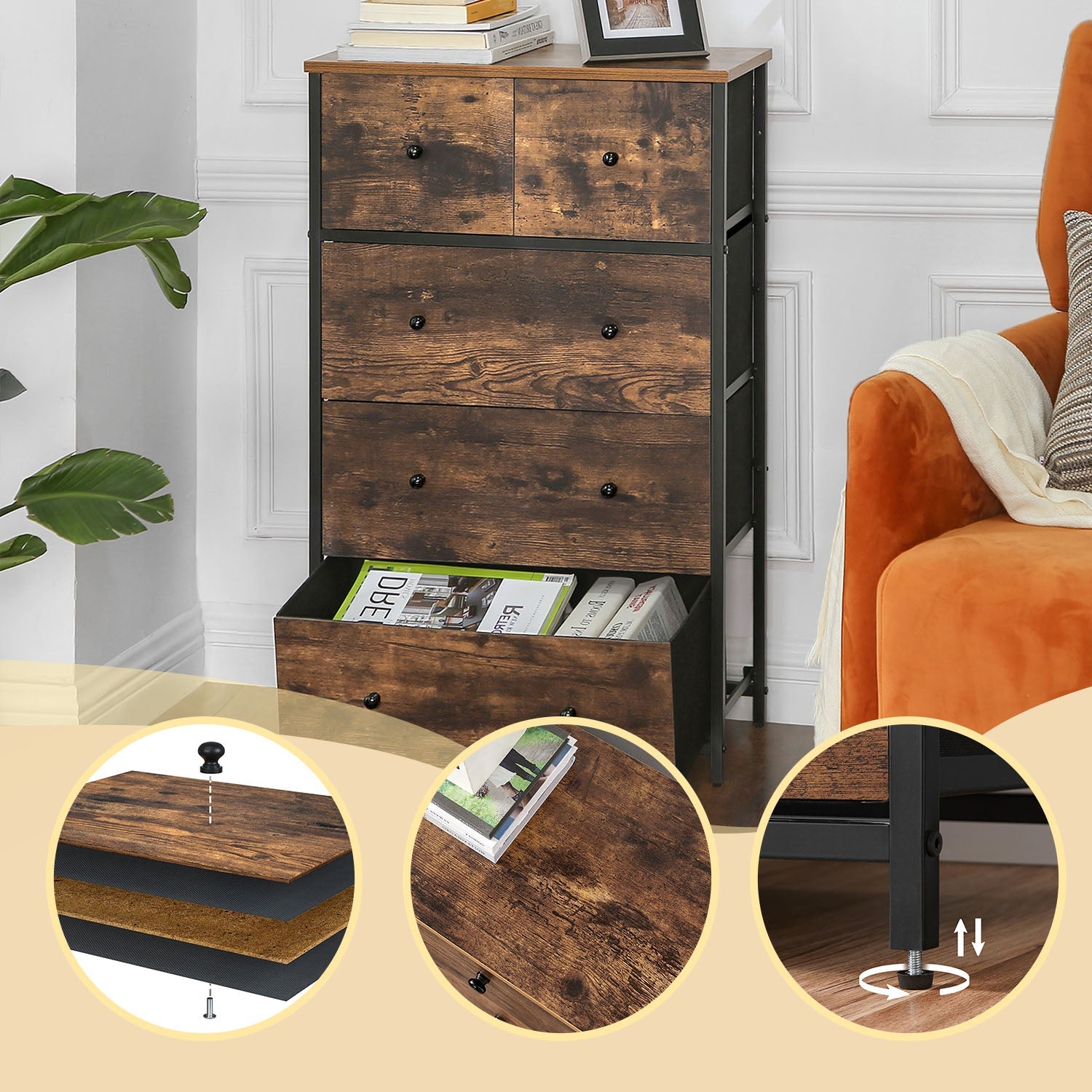 5-Drawer Fabric Dresser – Fabric and Wood – Rustic Brown and Black – Industrial Style Organiser Unit