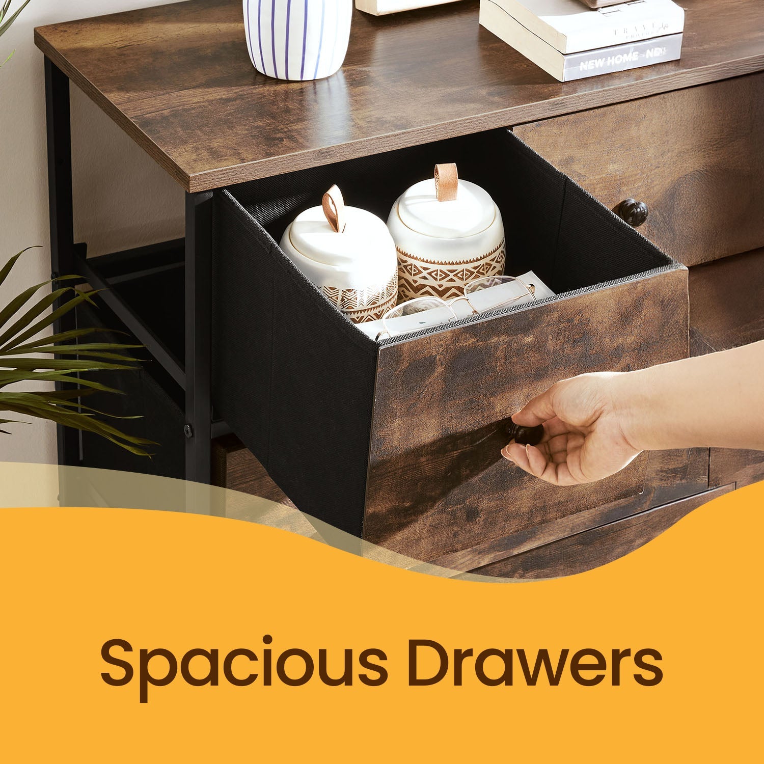5-Drawer Fabric Dresser – Fabric and Wood – Rustic Brown and Black – Industrial Style Organiser Unit