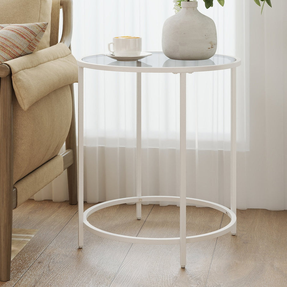 Round Side Table – Tempered Glass – Clear – Modern Design with Metal Frame