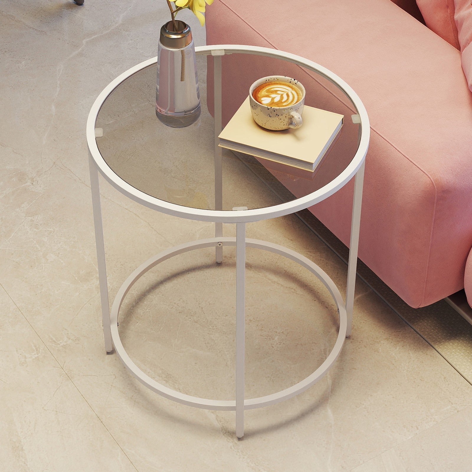 Round Side Table – Tempered Glass – Clear – Modern Design with Metal Frame