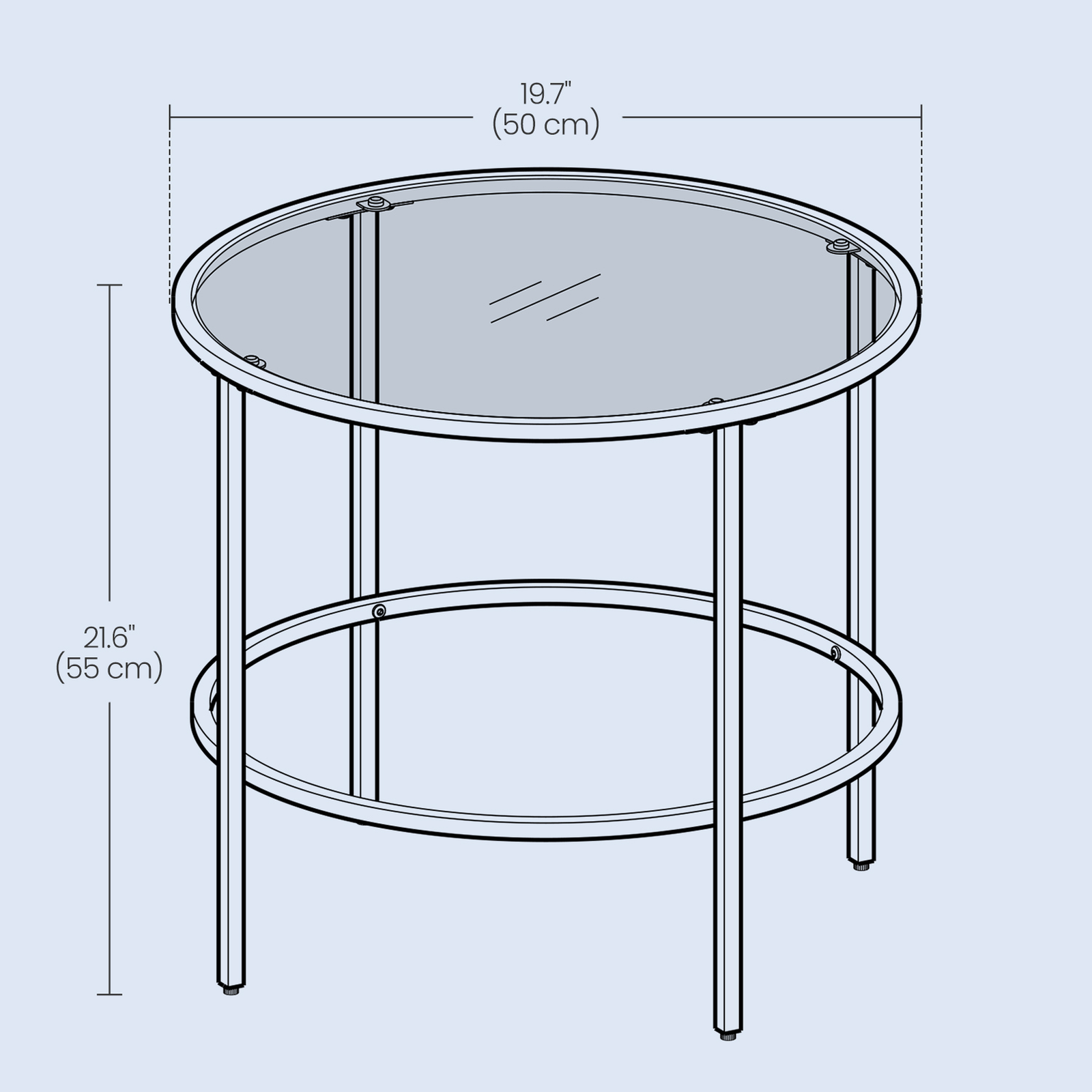 Round Side Table – Tempered Glass – Clear – Modern Design with Metal Frame