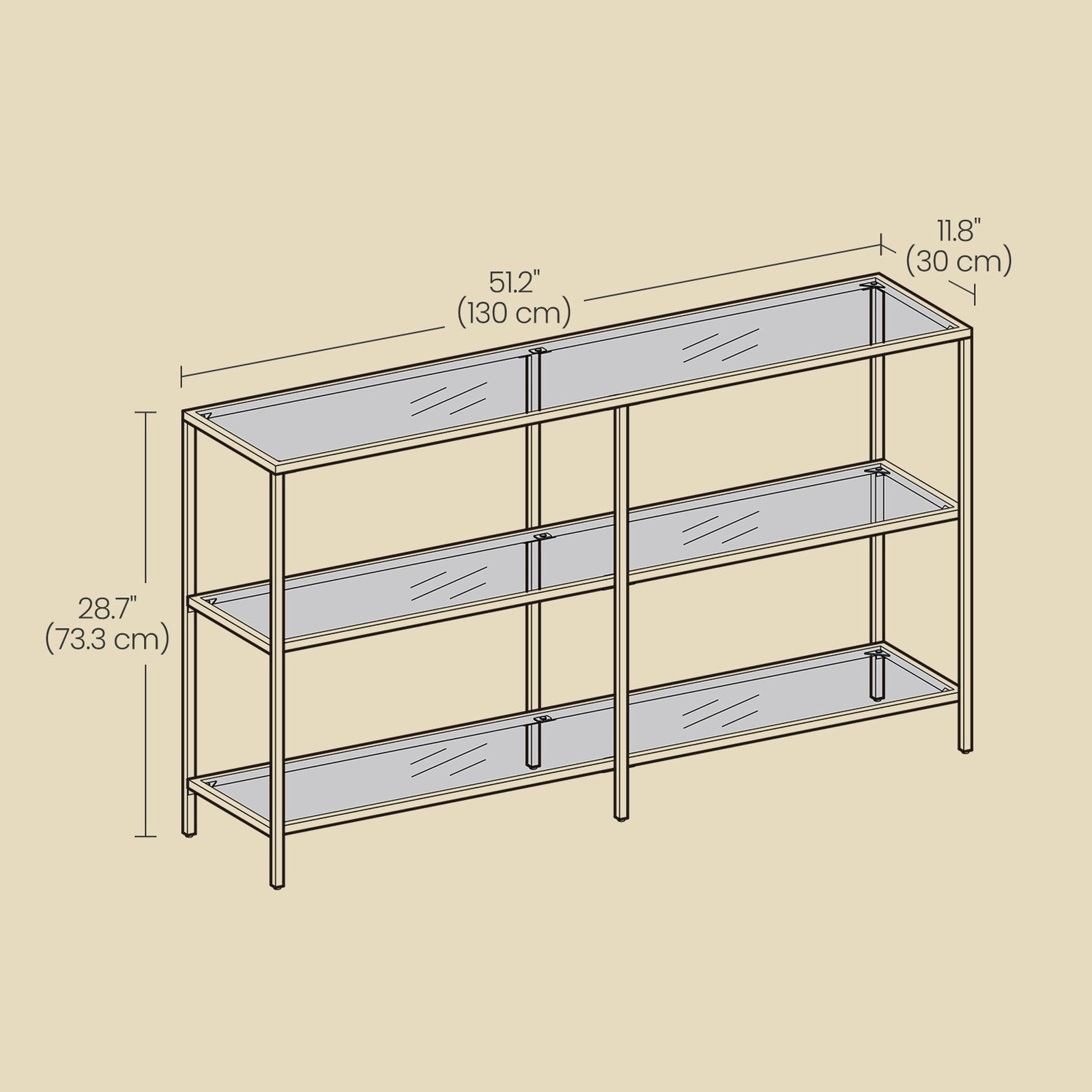 Console Table – Metal and Tempered Glass – Gold – 3-Tier Modern Design