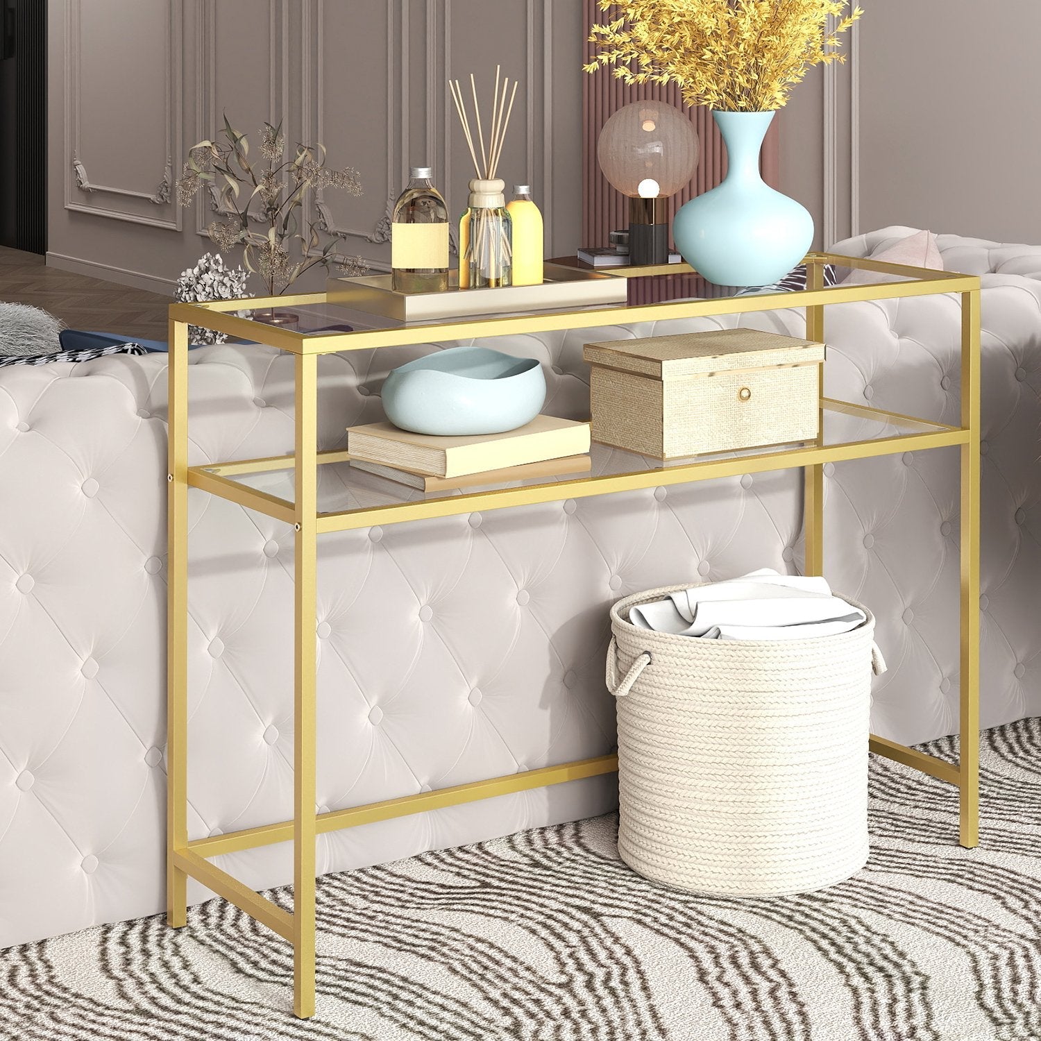 Console Table – Tempered Glass – Gold – Modern Design with 2 Shelves and Adjustable Feet