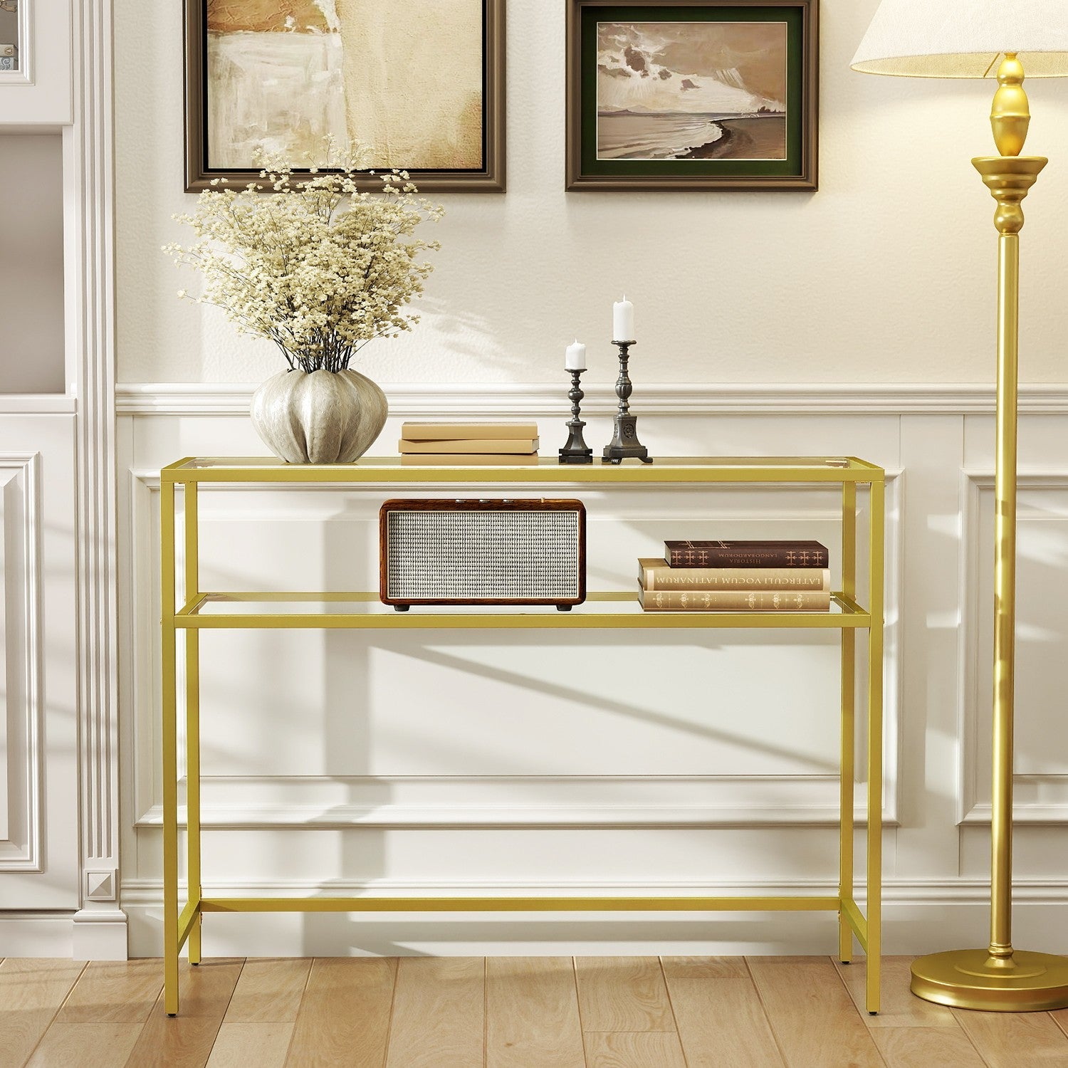 Console Table – Tempered Glass – Gold – Modern Design with 2 Shelves and Adjustable Feet