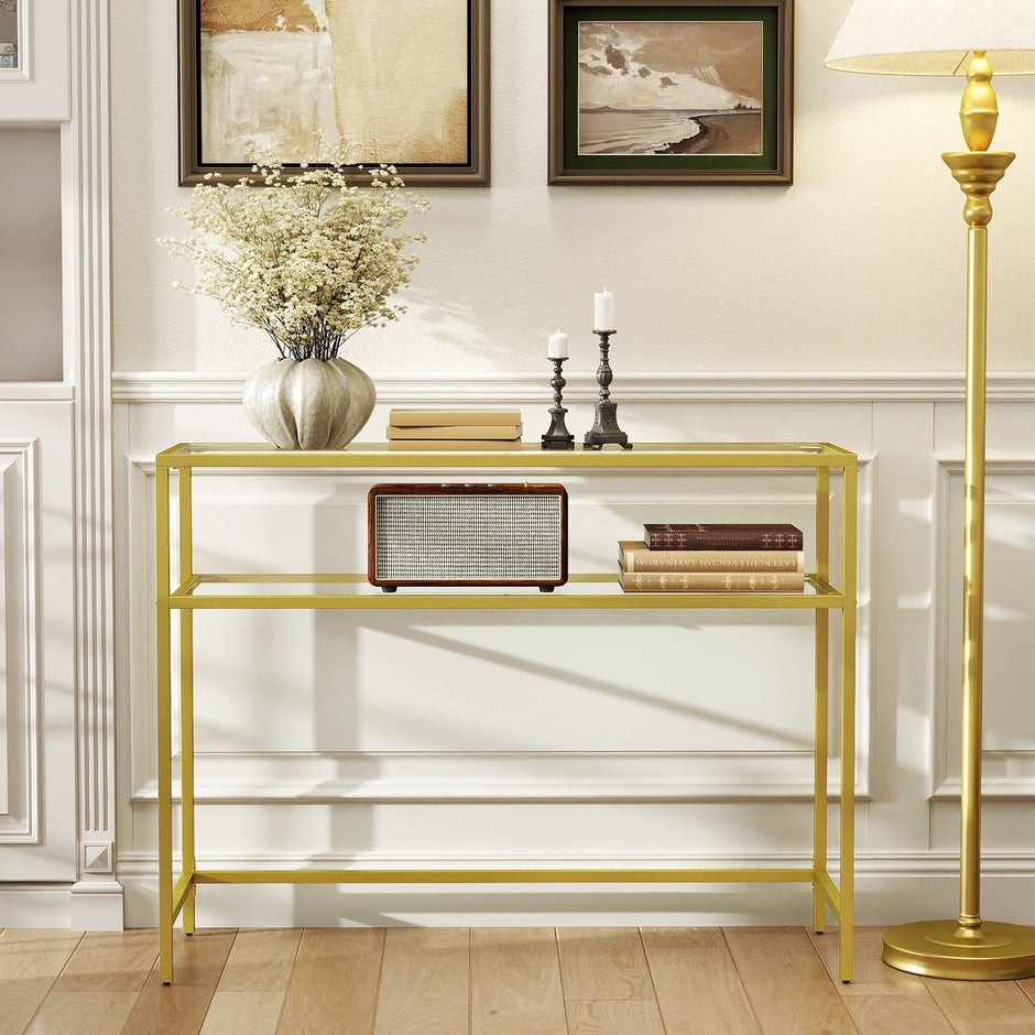 Console Table – Tempered Glass – Gold – Modern Design with 2 Shelves and Adjustable Feet