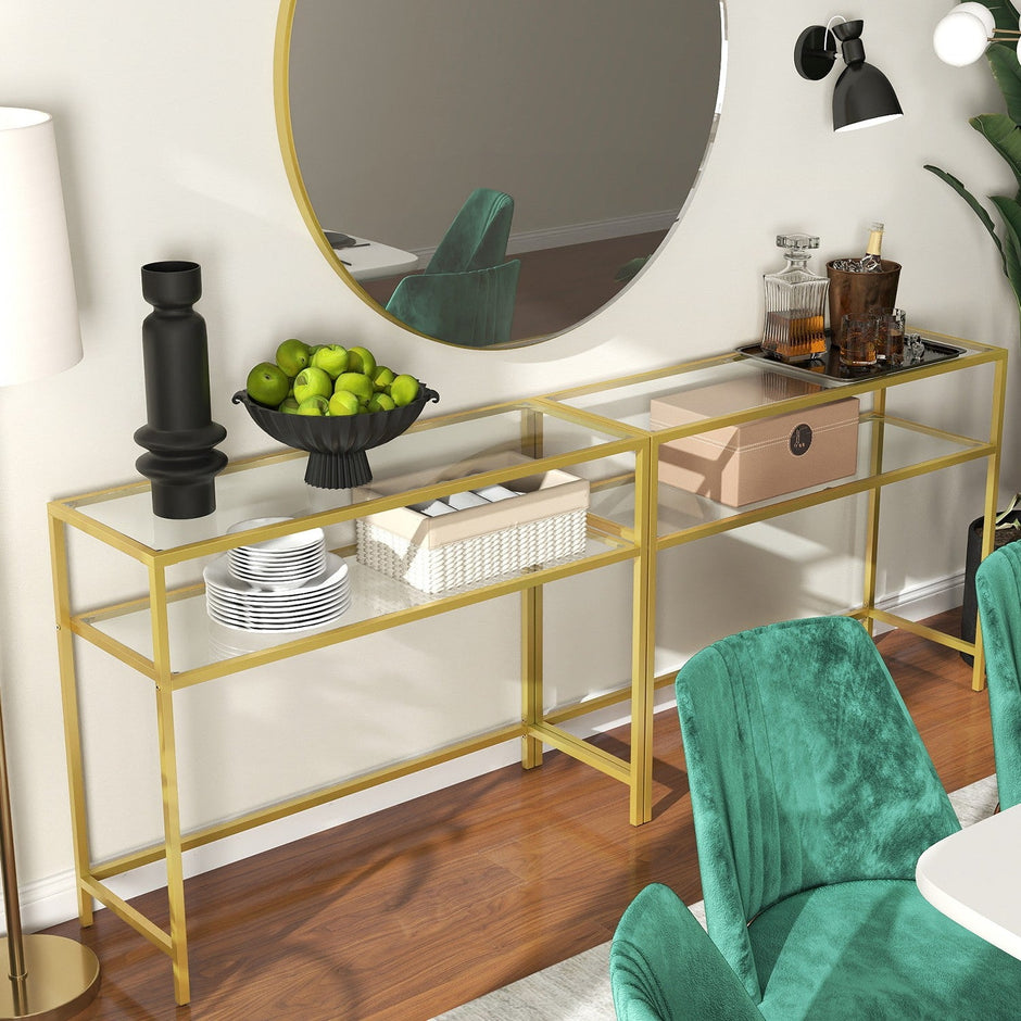 Console Table – Tempered Glass – Gold – Modern Design with 2 Shelves and Adjustable Feet