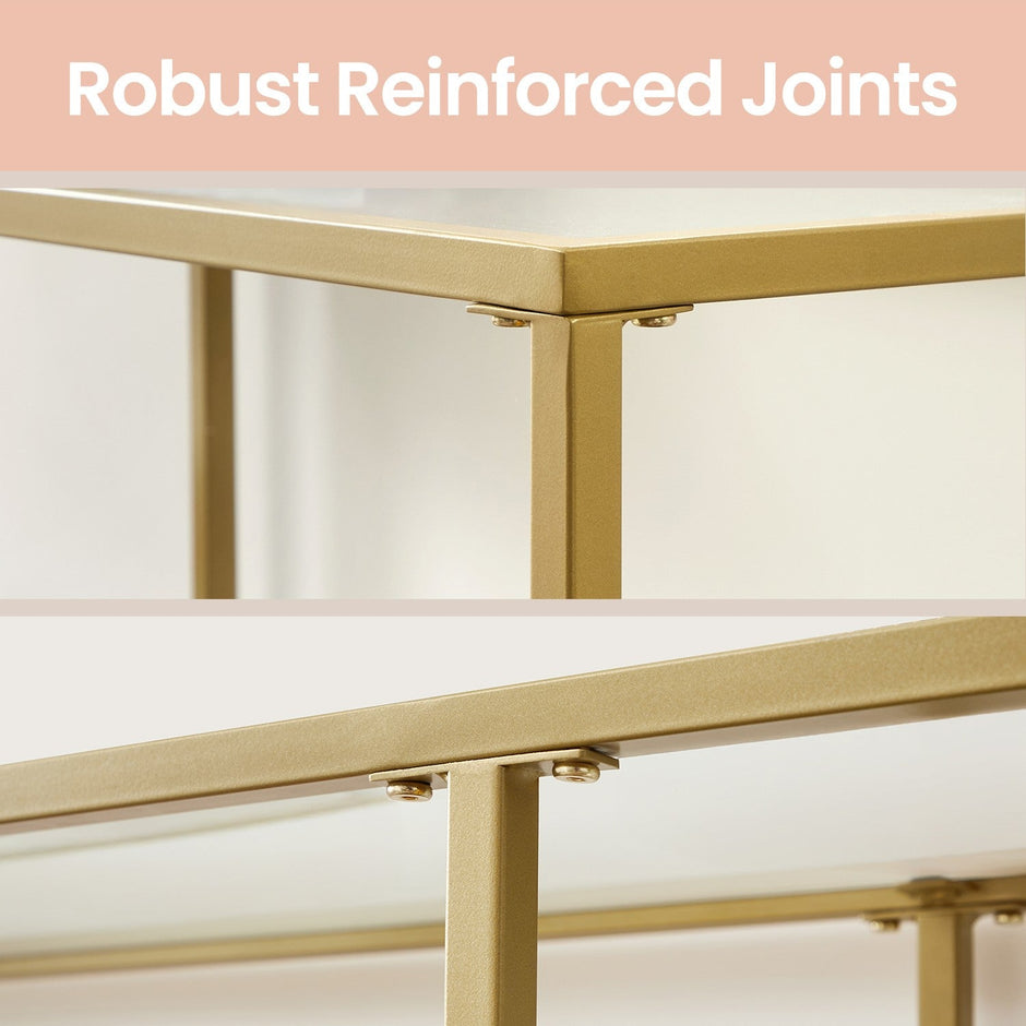 Console Table – Tempered Glass – Gold – Modern Design with 2 Shelves and Adjustable Feet