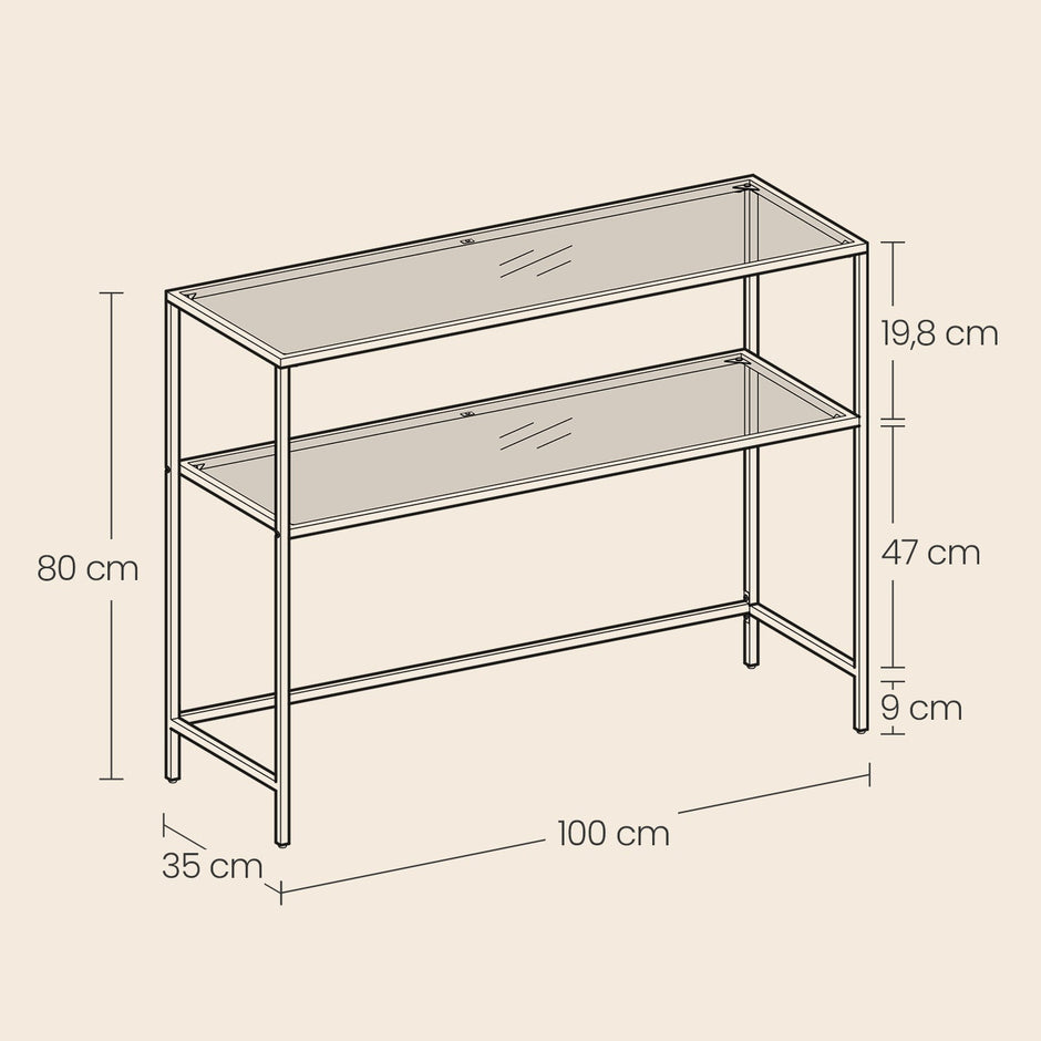 Console Table – Tempered Glass – Gold – Modern Design with 2 Shelves and Adjustable Feet