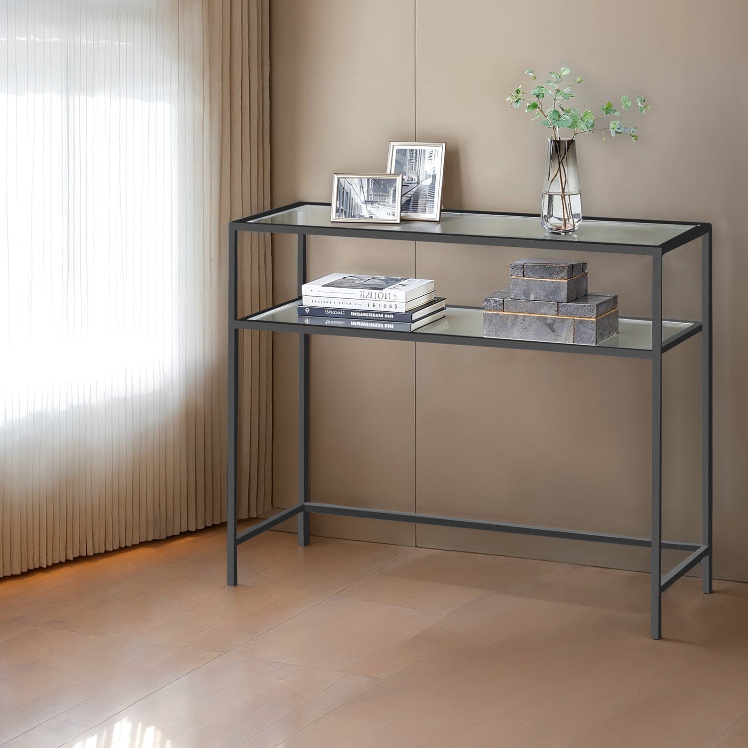 Console Table – Tempered Glass – Gold – Modern Design with Metal Frame and 2 Shelves