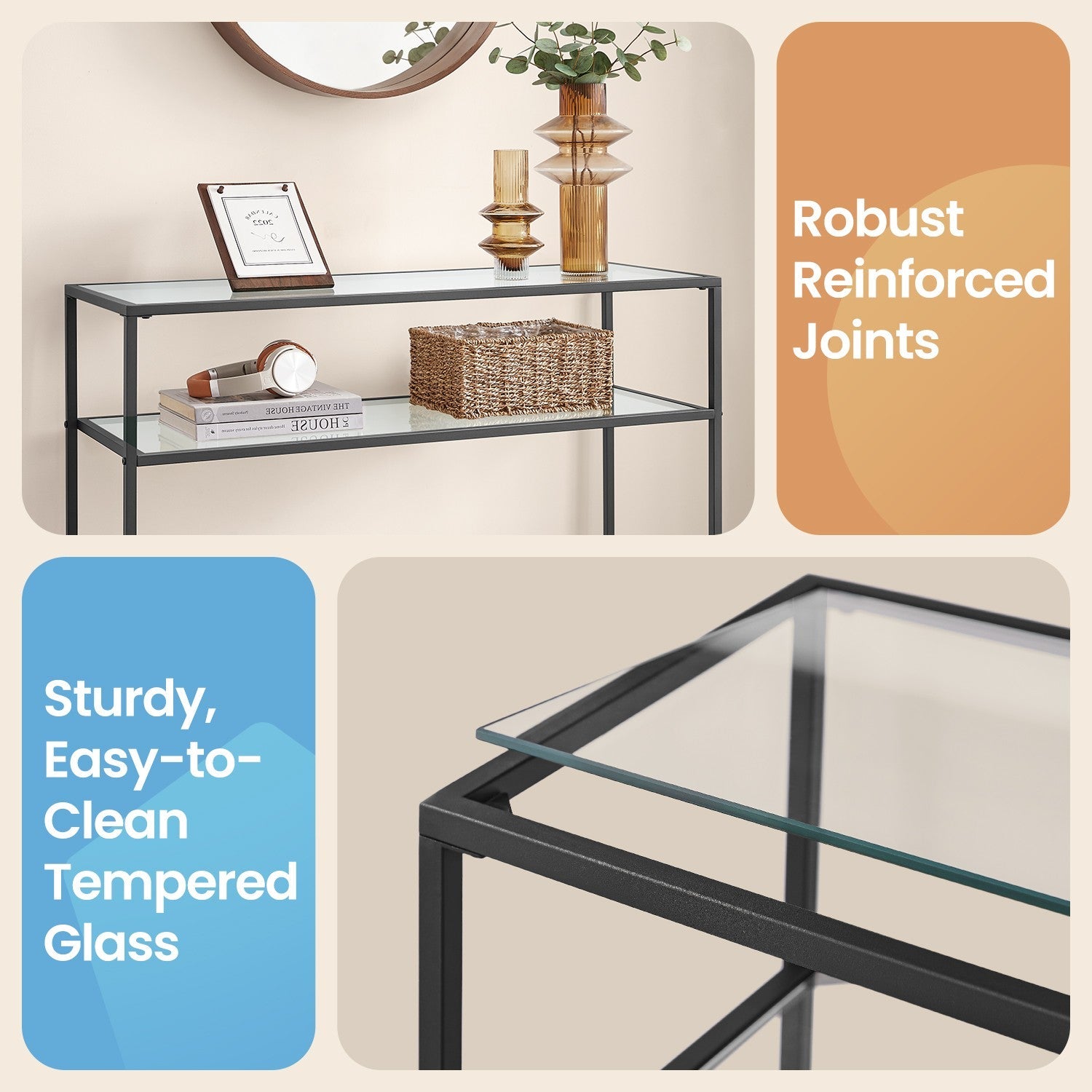Console Table – Tempered Glass – Gold – Modern Design with Metal Frame and 2 Shelves