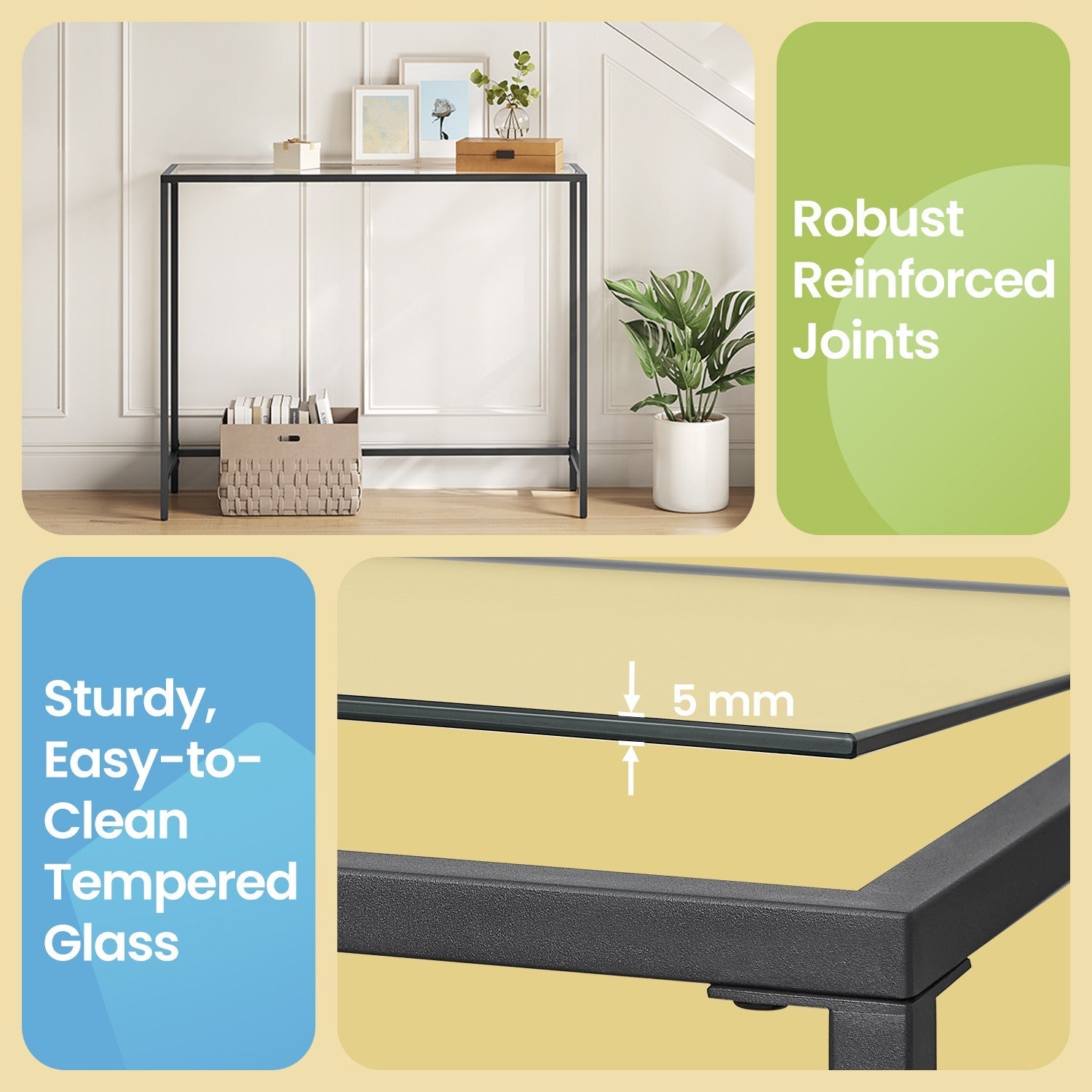 Console Table – Tempered Glass – Gold – Sturdy Metal Frame with Adjustable Feet