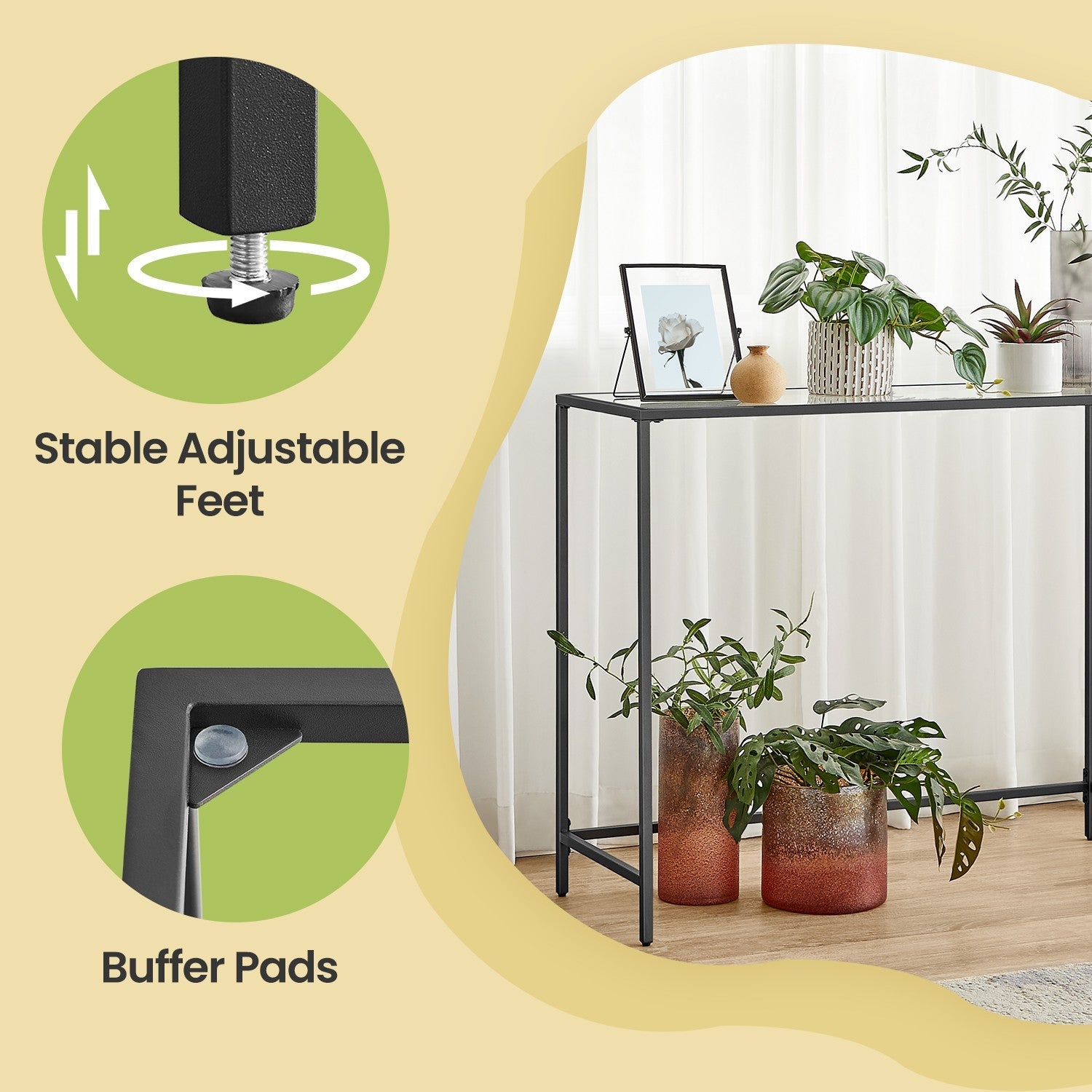 Console Table – Tempered Glass – Gold – Sturdy Metal Frame with Adjustable Feet
