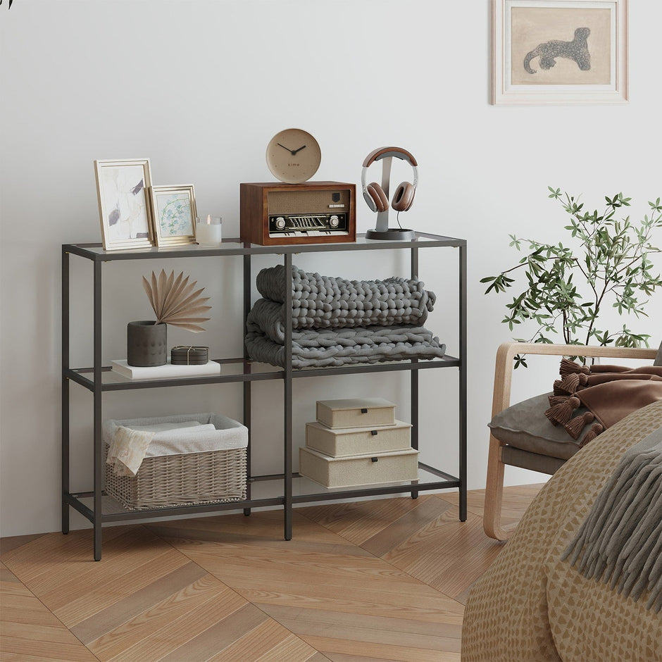 Console Table – Tempered Glass – Black – 3-Tier Design for Hallway and Living Room