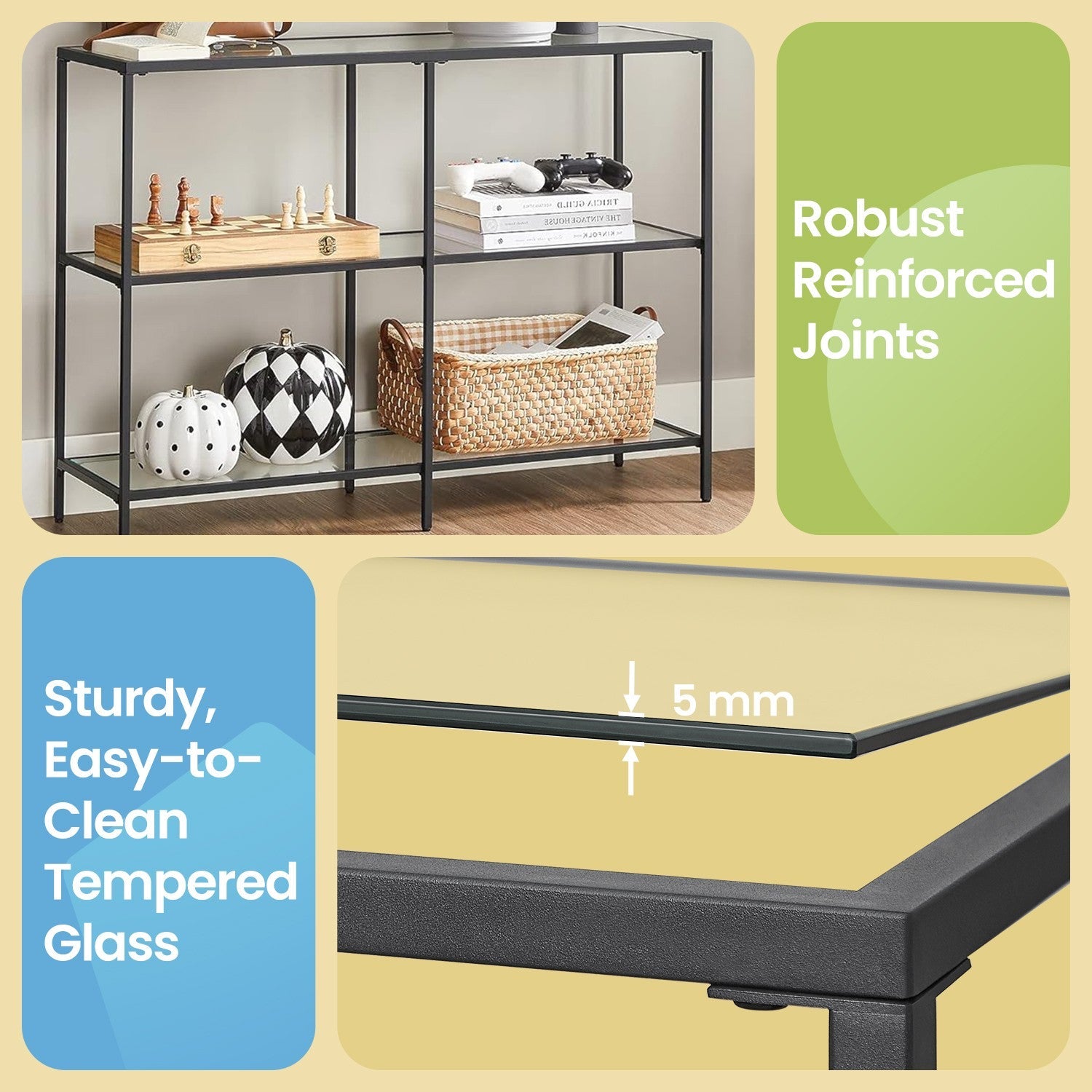 Console Table – Tempered Glass – Black – 3-Tier Design for Hallway and Living Room