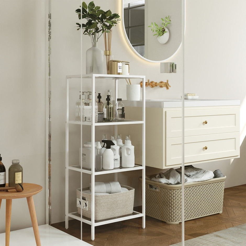 4-Tier Bookshelf – Tempered Glass – Clear – Easy Assembly for Bedroom and Bathroom