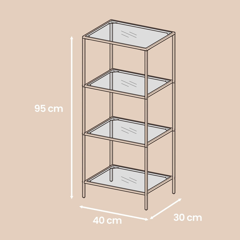 4-Tier Bookshelf – Tempered Glass – Clear – Easy Assembly for Bedroom and Bathroom