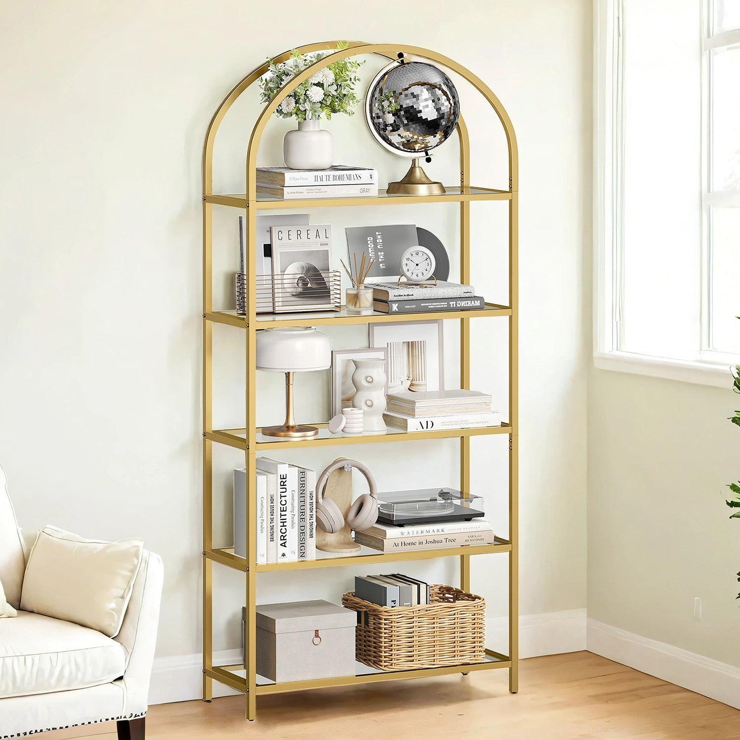 5-Tier Tempered Glass Shelving Unit – Steel Frame – Gold – Versatile Storage for Living Room, Study, or Bathroom