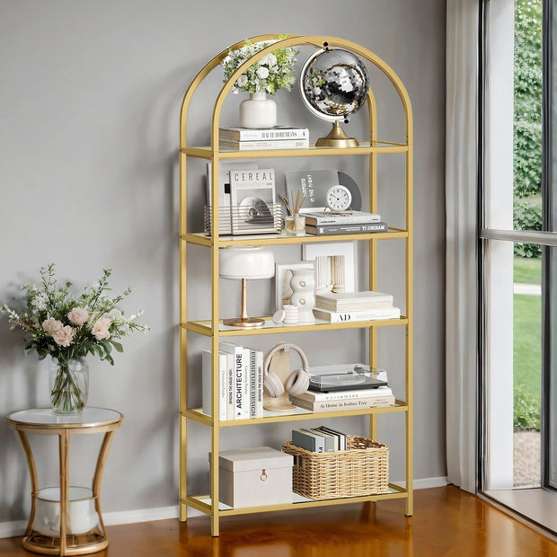 5-Tier Tempered Glass Shelving Unit – Steel Frame – Gold – Versatile Storage for Living Room, Study, or Bathroom