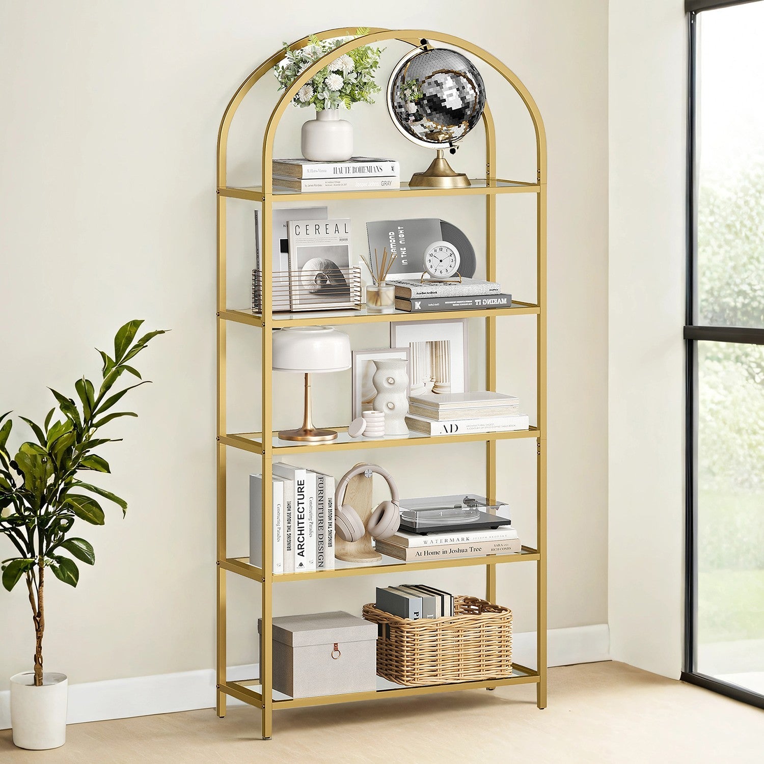 5-Tier Tempered Glass Shelving Unit – Steel Frame – Gold – Versatile Storage for Living Room, Study, or Bathroom