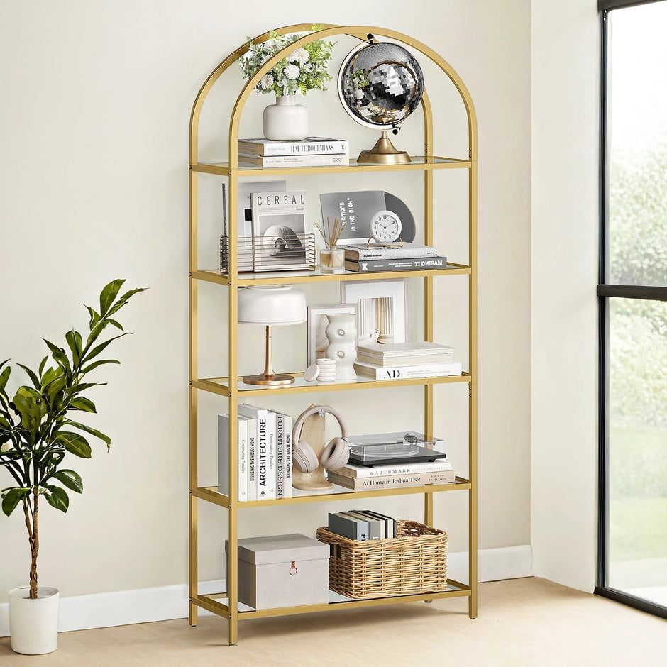 5-Tier Tempered Glass Shelving Unit – Steel Frame – Gold – Versatile Storage for Living Room, Study, or Bathroom