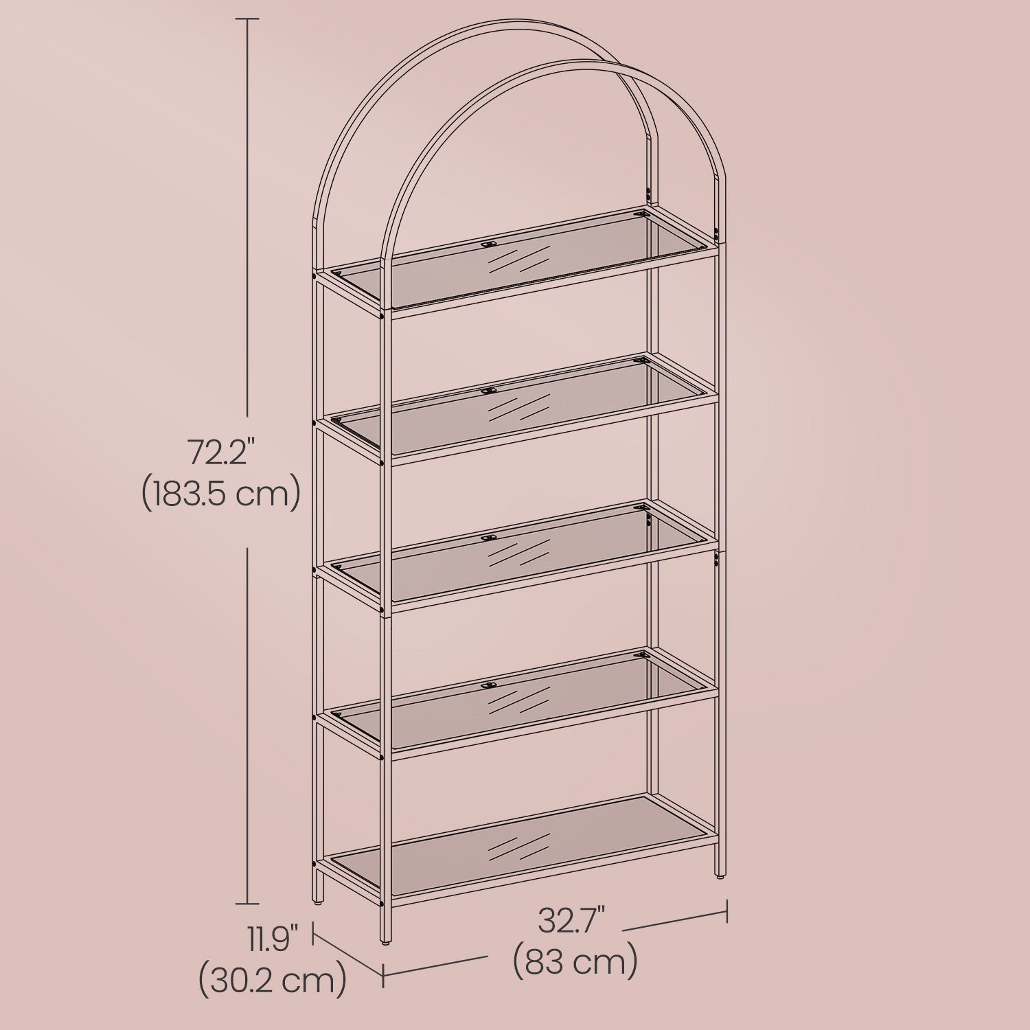 5-Tier Tempered Glass Shelving Unit – Steel Frame – Gold – Versatile Storage for Living Room, Study, or Bathroom
