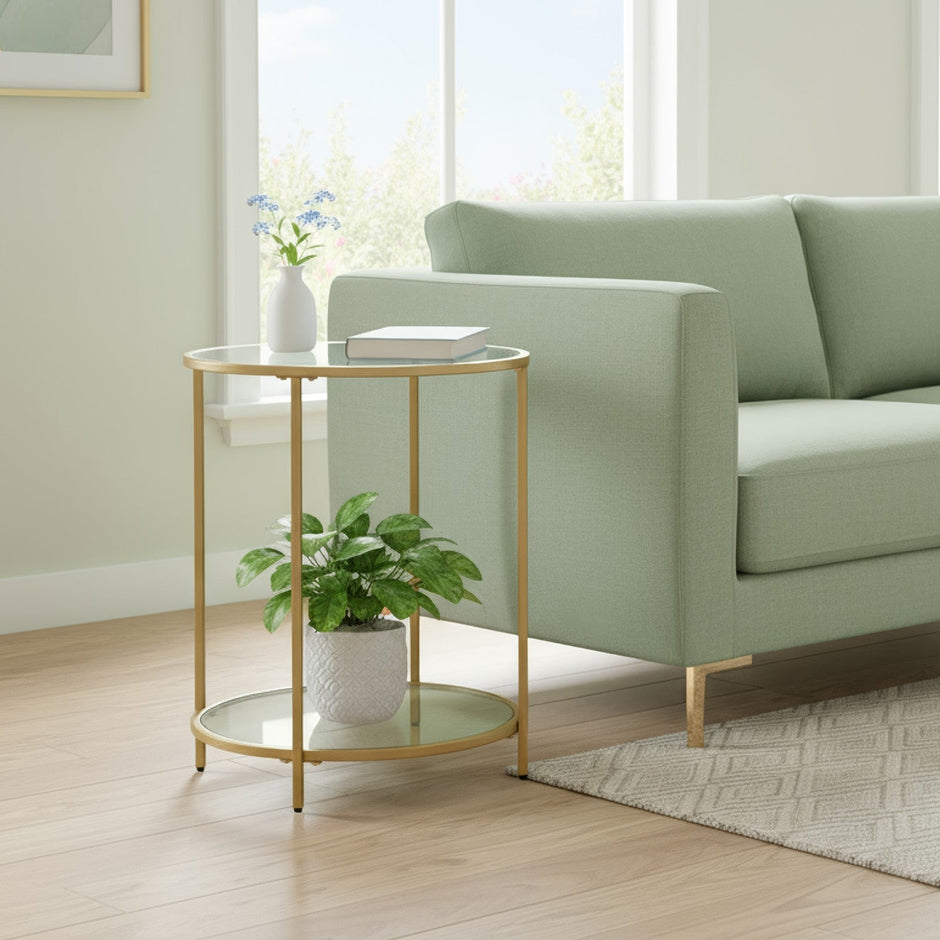 Round End Table – Tempered Glass – Gold – Robust Metal Frame