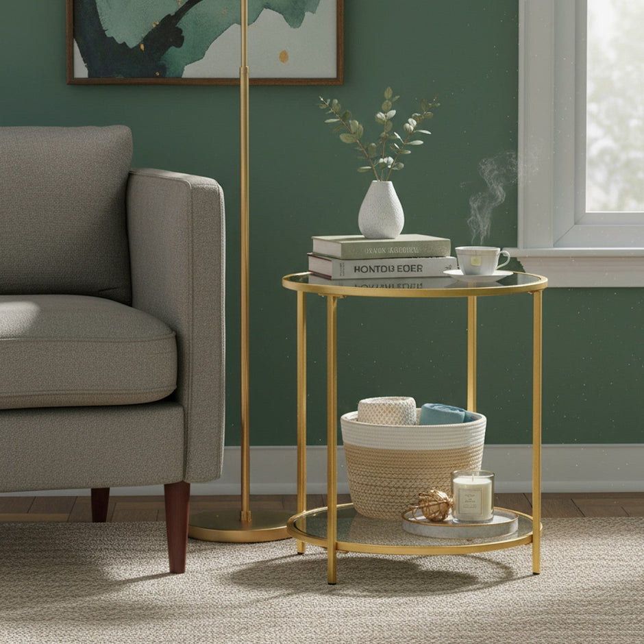 Round End Table – Tempered Glass – Gold – Robust Metal Frame