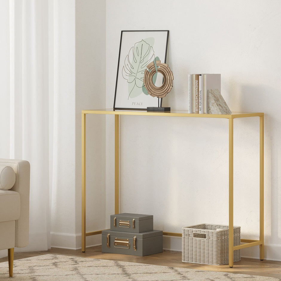 Modern Console Table – Tempered Glass – Gold – Sturdy Metal Frame with Adjustable Feet