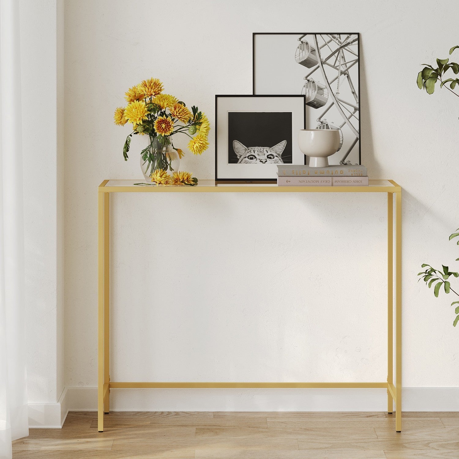 Modern Console Table – Tempered Glass – Gold – Sturdy Metal Frame with Adjustable Feet