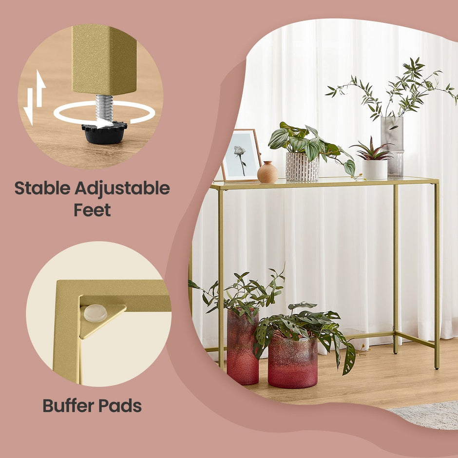 Modern Console Table – Tempered Glass – Gold – Sturdy Metal Frame with Adjustable Feet