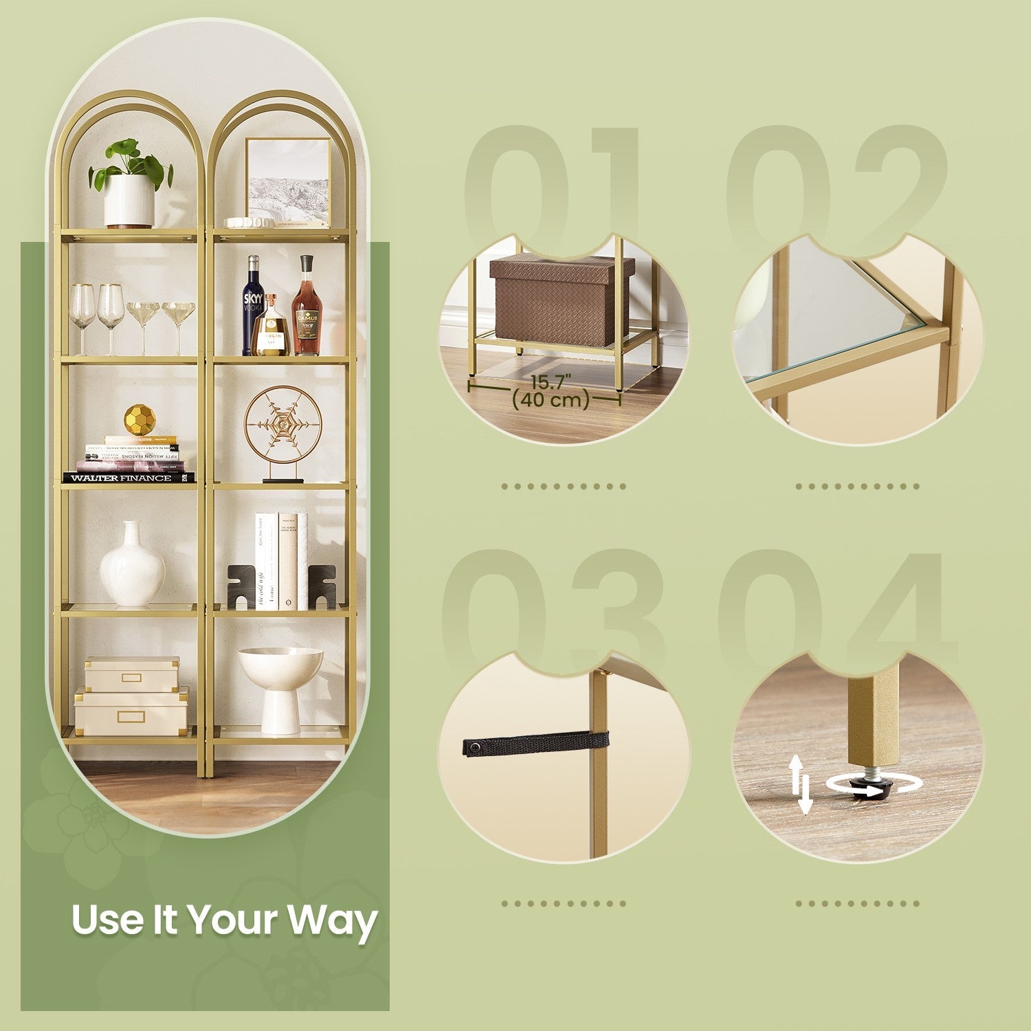5-Tier Storage Rack – Tempered Glass – Clear – Arched Design with Steel Frame