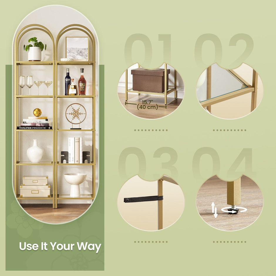 5-Tier Storage Rack – Tempered Glass – Clear – Arched Design with Steel Frame