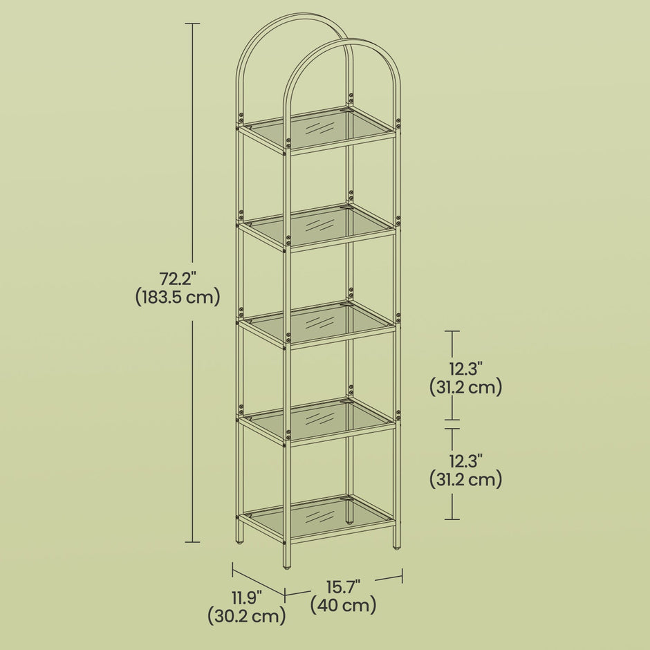 5-Tier Storage Rack – Tempered Glass – Clear – Arched Design with Steel Frame