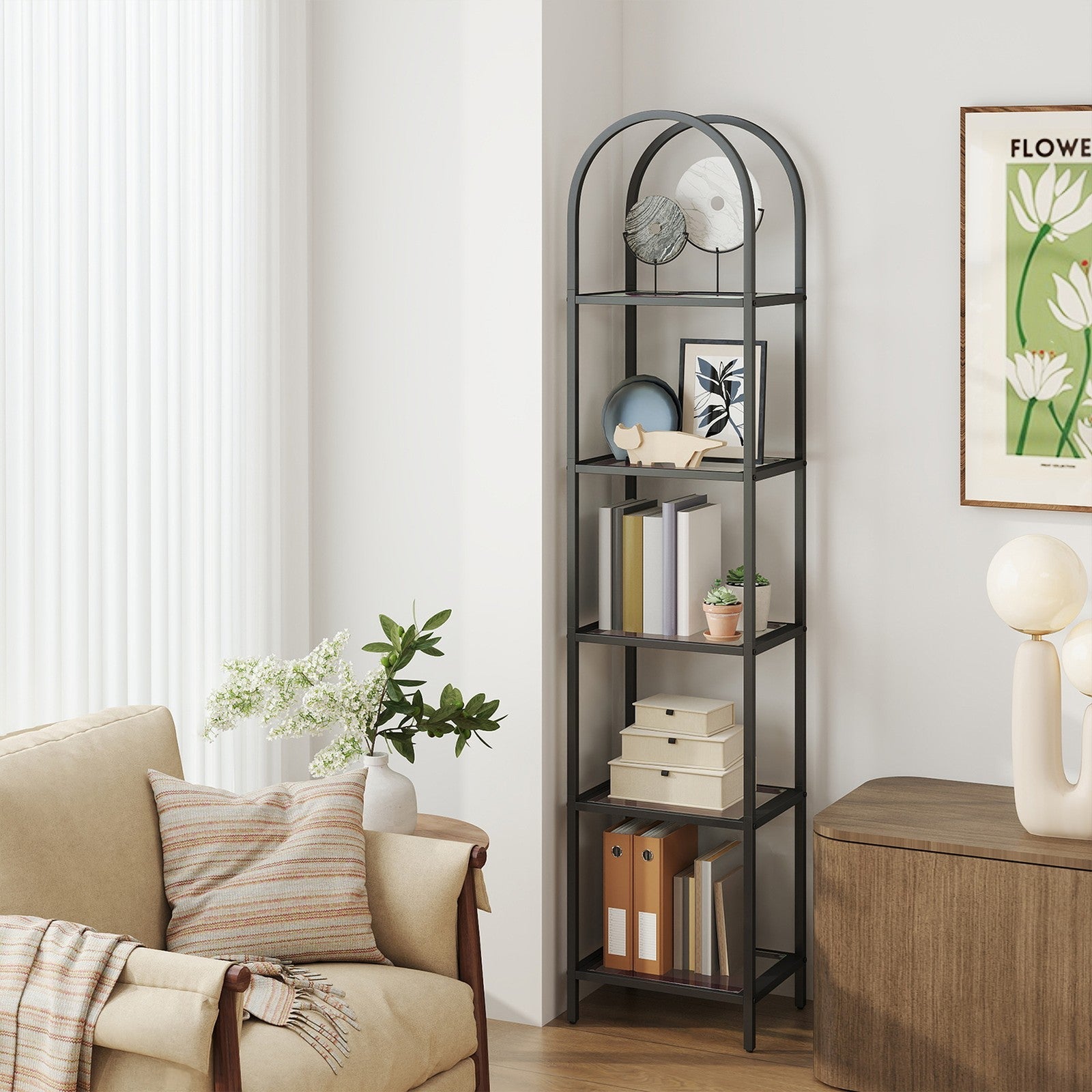 5-Tier Storage Rack – Tempered Glass – Clear – Arched Design with Steel Frame