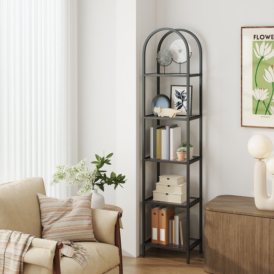 5-Tier Storage Rack – Tempered Glass – Clear – Arched Design with Steel Frame