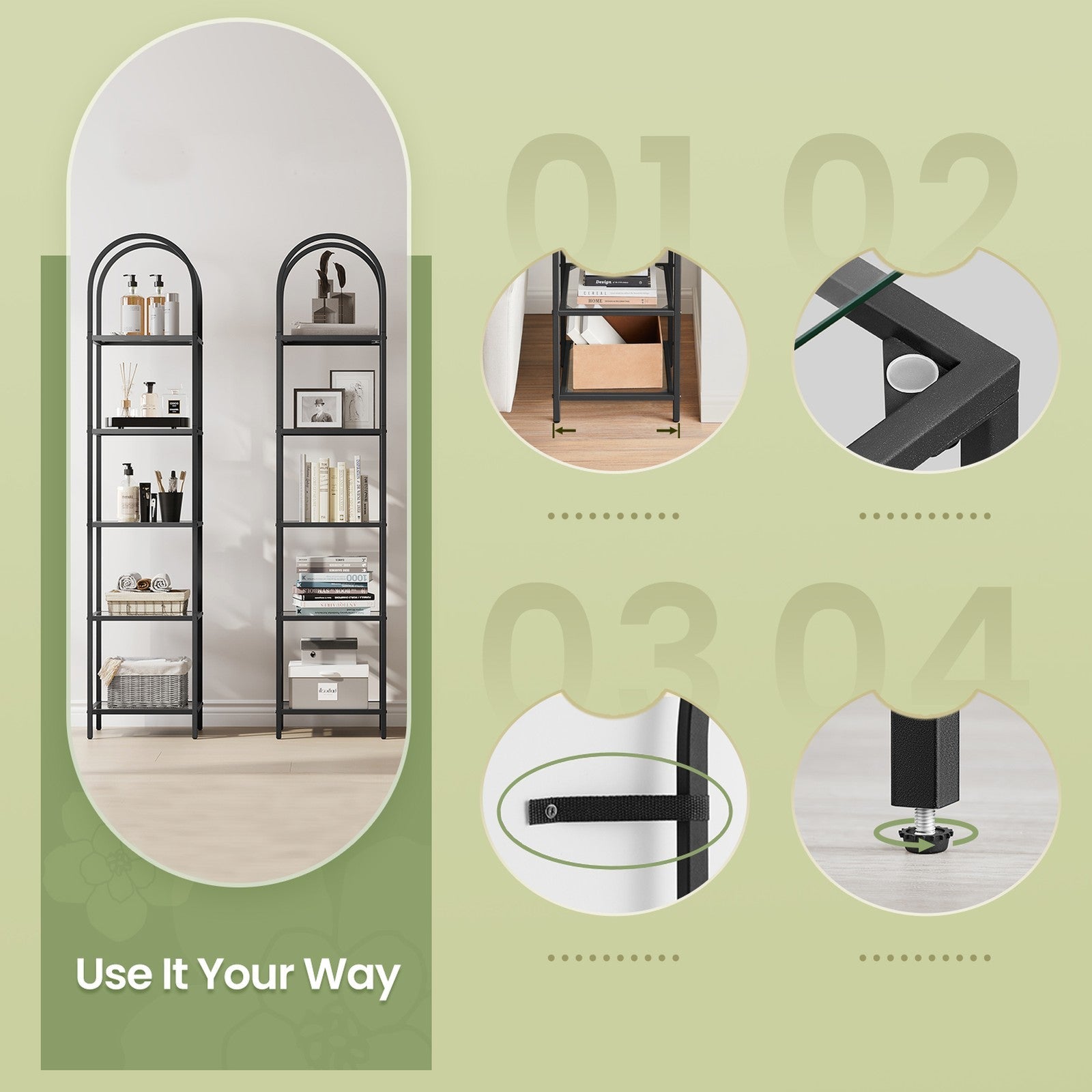 5-Tier Storage Rack – Tempered Glass – Clear – Arched Design with Steel Frame